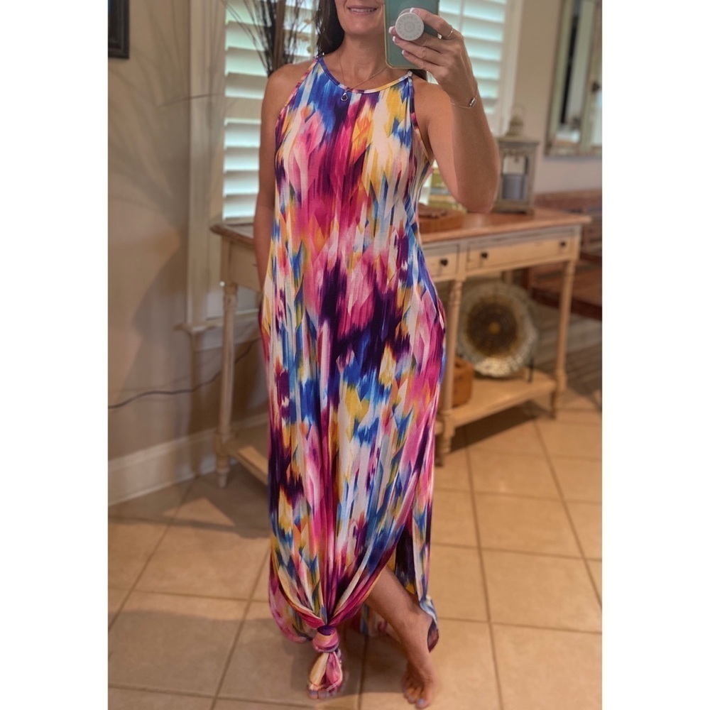 Vibrant Tie Dye Long Tank Maxi Dress Pockets 3020 - Picture 3 of 5